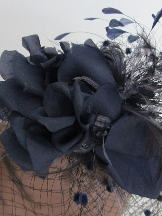 Flocked Veiled Cocktail Hat Silk Flower Feather Navy Wedding